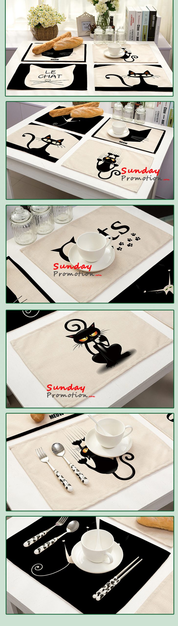 Customized Colored Linen Placemats Wholesale Black Cats Design Placemat Sets