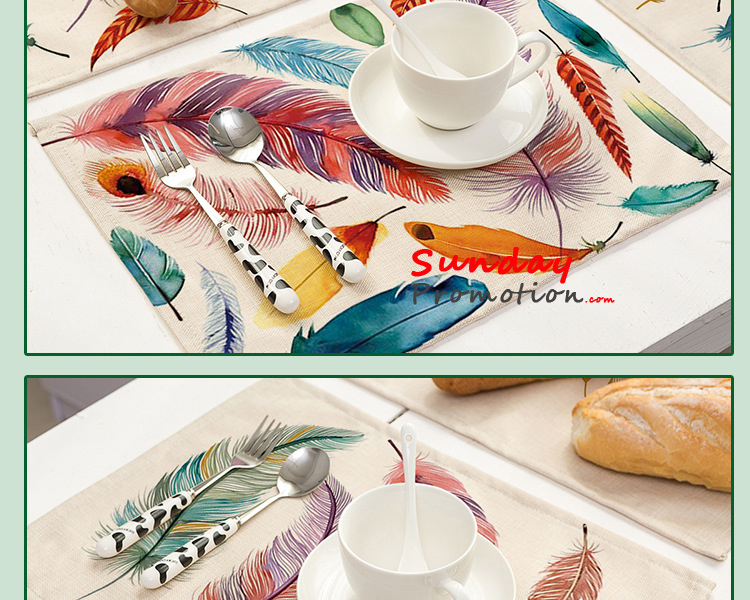 Feather Design Table Mats Custom Cotton Table Mats with Print for Promotion Gifts